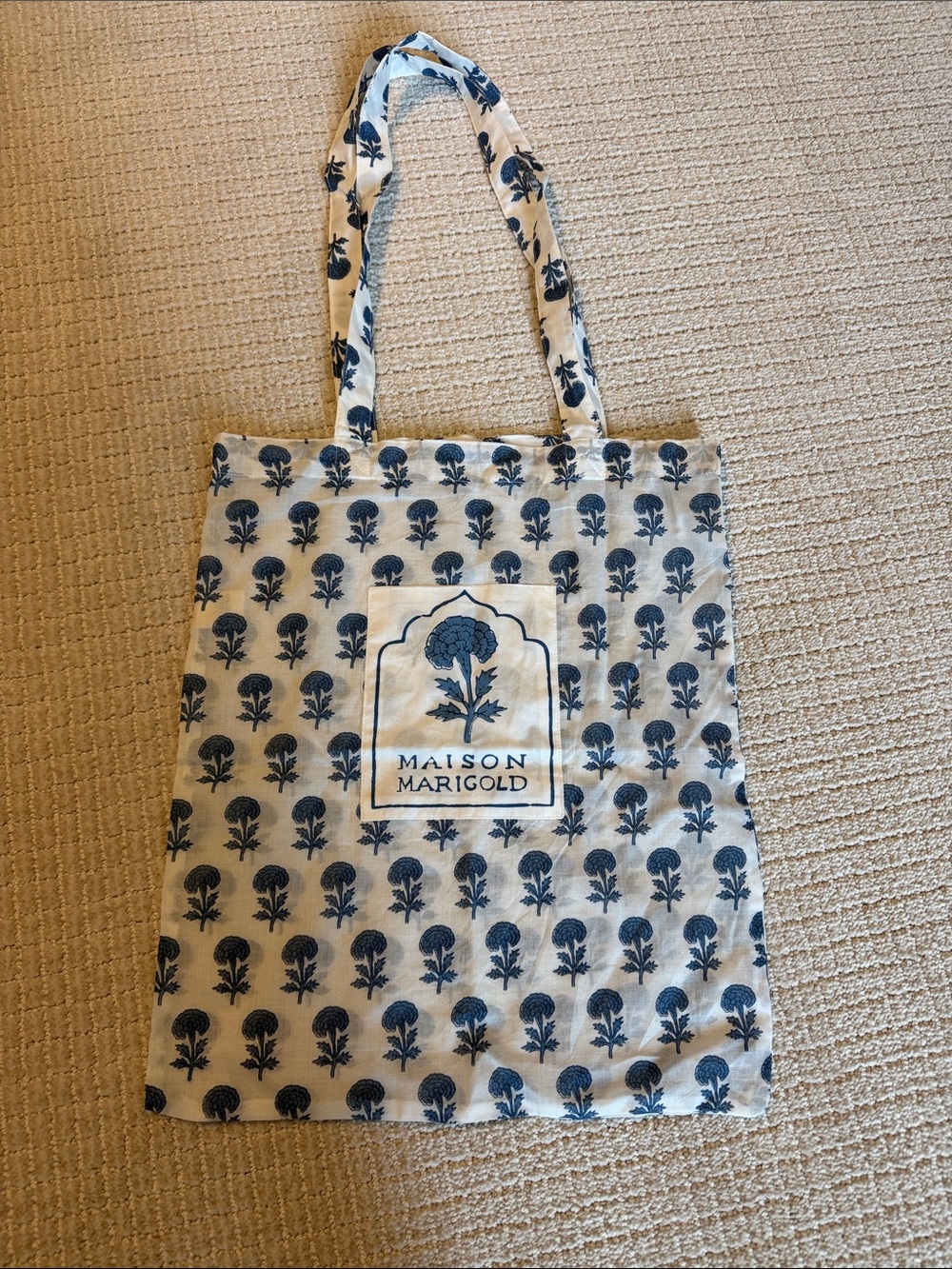 Maison Marigold Blue Floral Logo Tote White Cotton Shopping Reusable